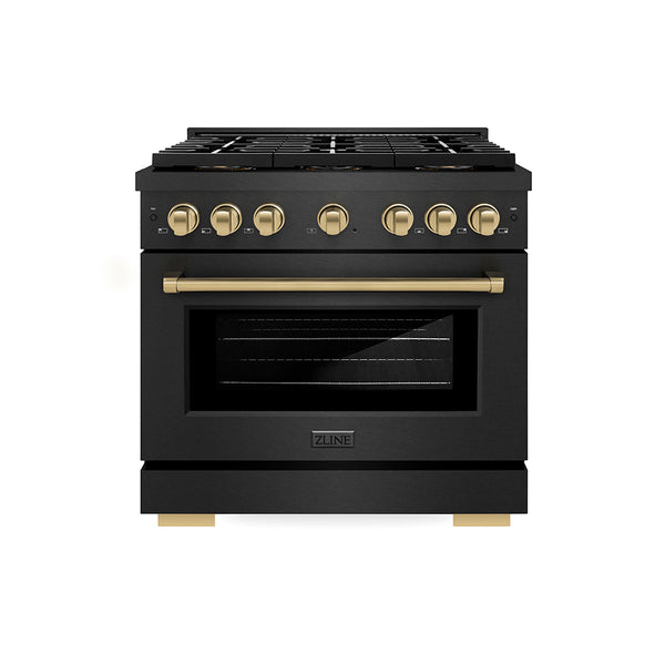 ZLINE Autograph Edition 36 in. 5.2 cu. ft. Paramount Dual Fuel Range with 6 Burner DuoPro™ Cooktop and Electric Convection Oven in Black Satin Stainless Steel and Champagne Bronze Accents, Open Box-Great Condition