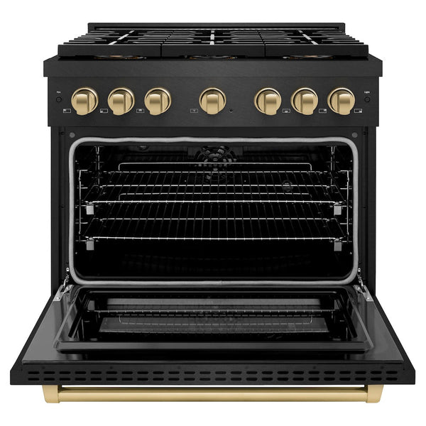ZLINE Autograph Edition 36 in. 5.2 cu. ft. Paramount Dual Fuel Range with 6 Burner DuoPro™ Cooktop and Electric Convection Oven in Black Satin Stainless Steel and Champagne Bronze Accents, Open Box-Good Condition