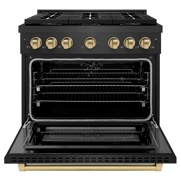 ZLINE Autograph Edition 36 in. 5.2 cu. ft. Paramount Dual Fuel Range with 6 Burner DuoPro™ Cooktop and Electric Convection Oven in Black Satin Stainless Steel and Champagne Bronze Accents (PSDRBSZ-36-CB)