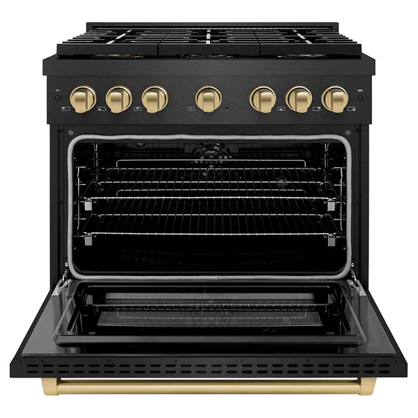 ZLINE Autograph Edition 36 in. 5.2 cu. ft. Paramount Dual Fuel Range with 6 Burner DuoPro™ Cooktop and Electric Convection Oven in Black Satin Stainless Steel and Champagne Bronze Accents, Open Box-Great Condition
