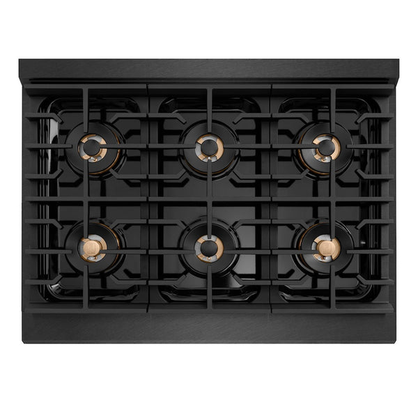 ZLINE Autograph Edition 36 in. 5.2 cu. ft. Paramount Dual Fuel Range with 6 Burner DuoPro™ Cooktop and Electric Convection Oven in Black Satin Stainless Steel and Champagne Bronze Accents, Open Box-Good Condition