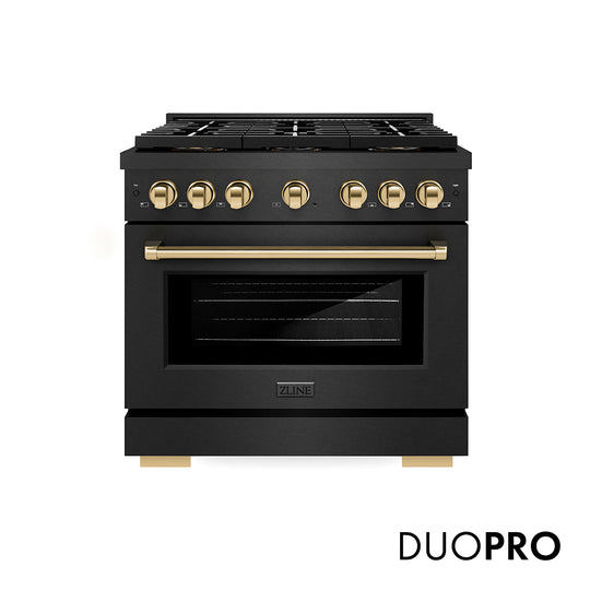ZLINE Autograph Edition 36 in. 5.2 cu. ft. Paramount Dual Fuel Range with 6 Burner DuoPro™ Cooktop and Electric Convection Oven in Black Satin Stainless Steel and Polished Gold Accents, Open Box-Great Condition