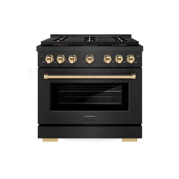 ZLINE Autograph Edition 36 in. 5.2 cu. ft. Paramount Dual Fuel Range with 6 Burner DuoPro™ Cooktop and Electric Convection Oven in Black Satin Stainless Steel and Polished Gold Accents, Open Box-Great Condition