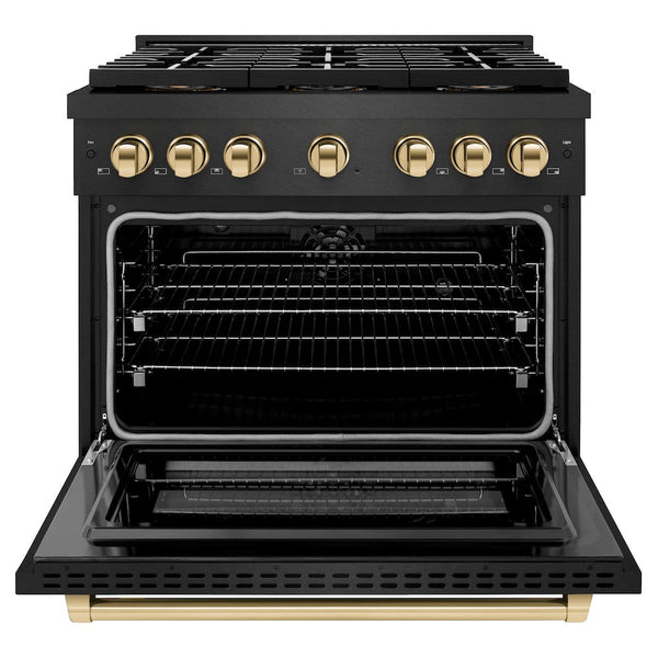 ZLINE Autograph Edition 36 in. 5.2 cu. ft. Paramount Dual Fuel Range with 6 Burner DuoPro™ Cooktop and Electric Convection Oven in Black Satin Stainless Steel and Polished Gold Accents, Open Box-Good Condition