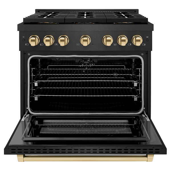 ZLINE Autograph Edition 36 in. 5.2 cu. ft. Paramount Dual Fuel Range with 6 Burner DuoPro™ Cooktop and Electric Convection Oven in Black Satin Stainless Steel and Polished Gold Accents, Open Box-Great Condition