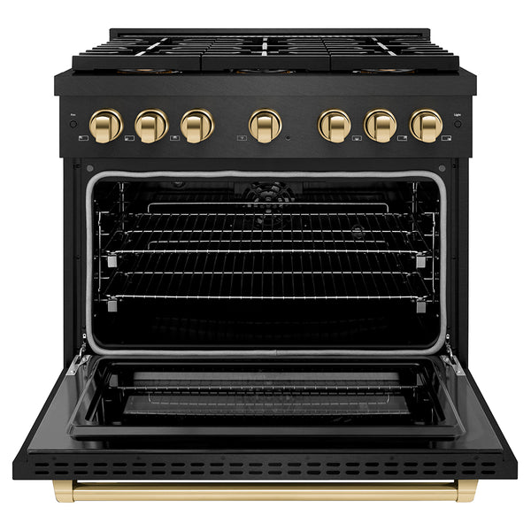 ZLINE Autograph Edition 36 in. 5.2 cu. ft. Paramount Dual Fuel Range with 6 Burner DuoPro™ Cooktop and Electric Convection Oven in Black Satin Stainless Steel and Polished Gold Accents (PSDRBSZ-36-G)