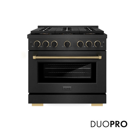 ZLINE Designer Collection 36 in. 5.2 cu. ft. Paramount Dual Fuel Range with 6 Burner DuoPro™ Cooktop and Electric Convection Oven in Black Satin Stainless Steel with Matte Black and Champagne Bronze Accents, Open Box-Good Condition