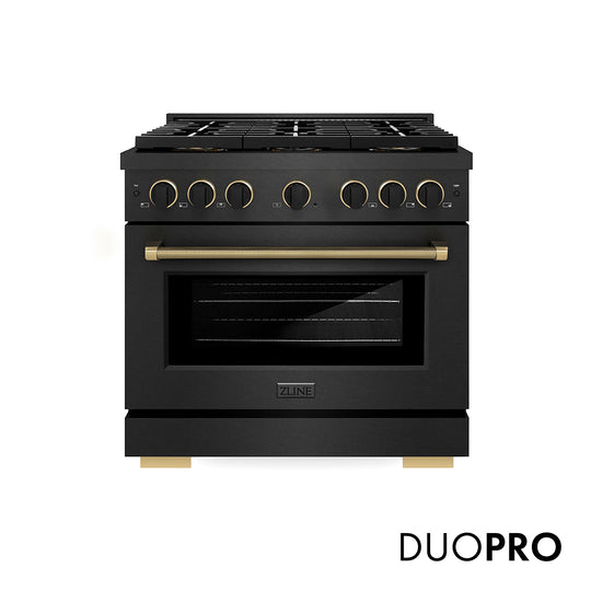 ZLINE Designer Collection 36 in. 5.2 cu. ft. Paramount Dual Fuel Range with 6 Burner DuoPro™ Cooktop and Electric Convection Oven in Black Satin Stainless Steel with Matte Black and Champagne Bronze Accents (PSDRBSZ-36-MBCB)