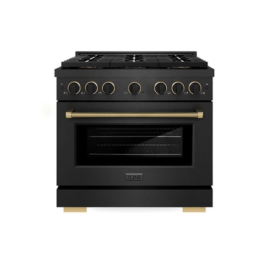 ZLINE Designer Collection 36 in. 5.2 cu. ft. Paramount Dual Fuel Range with 6 Burner DuoPro™ Cooktop and Electric Convection Oven in Black Satin Stainless Steel with Matte Black and Champagne Bronze Accents (PSDRBSZ-36-MBCB)