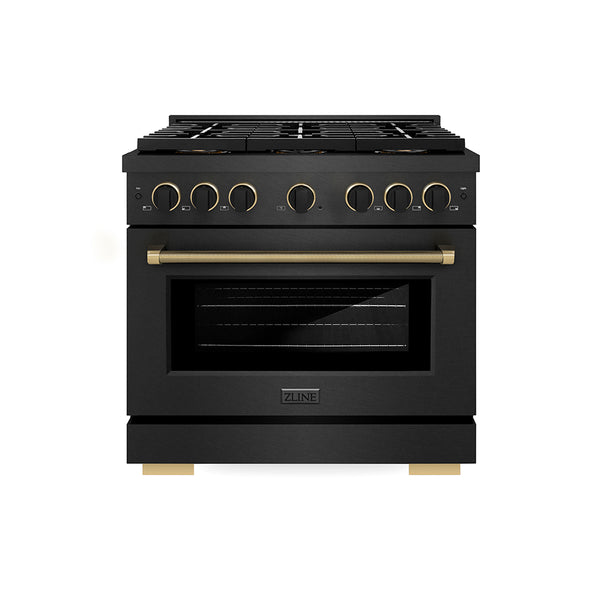 ZLINE Designer Collection 36 in. 5.2 cu. ft. Paramount Dual Fuel Range with 6 Burner DuoPro™ Cooktop and Electric Convection Oven in Black Satin Stainless Steel with Matte Black and Champagne Bronze Accents, Open Box-Great Condition