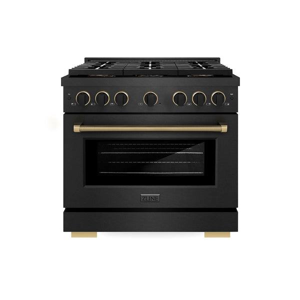 ZLINE Designer Collection 36 in. 5.2 cu. ft. Paramount Dual Fuel Range with 6 Burner DuoPro™ Cooktop and Electric Convection Oven in Black Satin Stainless Steel with Matte Black and Champagne Bronze Accents, Open Box-Good Condition