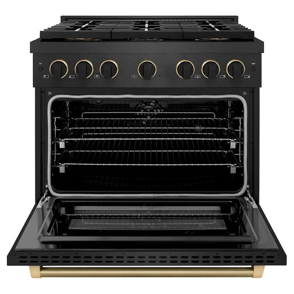 ZLINE Designer Collection 36 in. 5.2 cu. ft. Paramount Dual Fuel Range with 6 Burner DuoPro™ Cooktop and Electric Convection Oven in Black Satin Stainless Steel with Matte Black and Champagne Bronze Accents, Open Box-Good Condition