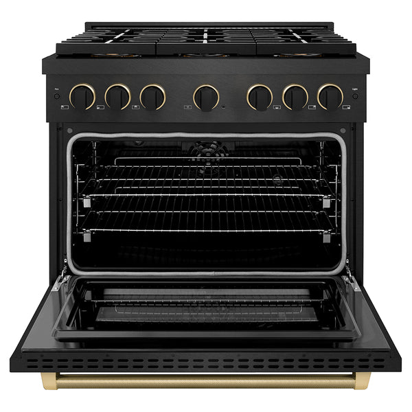 ZLINE Designer Collection 36 in. 5.2 cu. ft. Paramount Dual Fuel Range with 6 Burner DuoPro™ Cooktop and Electric Convection Oven in Black Satin Stainless Steel with Matte Black and Champagne Bronze Accents, Open Box-Great Condition