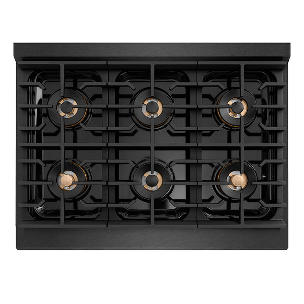 ZLINE Designer Collection 36 in. 5.2 cu. ft. Paramount Dual Fuel Range with 6 Burner DuoPro™ Cooktop and Electric Convection Oven in Black Satin Stainless Steel with Matte Black and Champagne Bronze Accents (PSDRBSZ-36-MBCB)