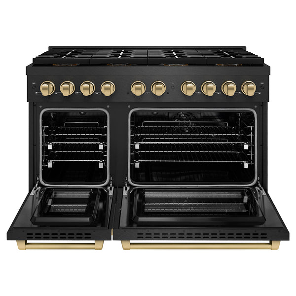 ZLINE Autograph Edition 48 in. 6.7 cu. ft. Paramount Dual Fuel Range with 8 Burner DuoPro™ Cooktop and Dual Ovens in Black Satin Stainless Steel and Champagne Bronze Accents, Open Box-Great Condition