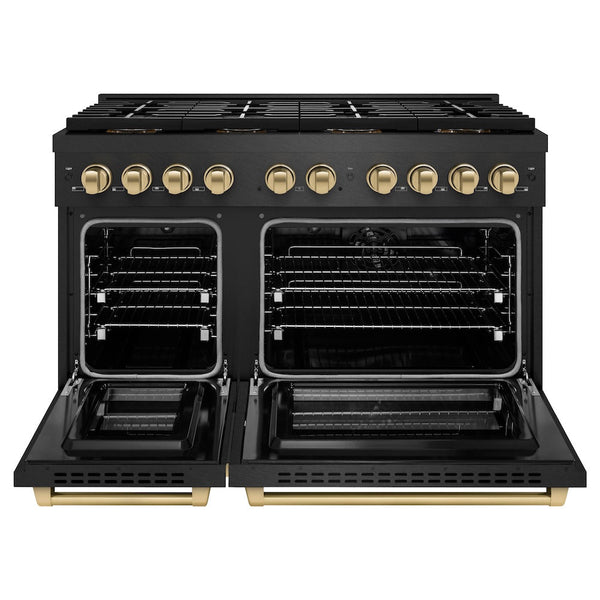 ZLINE Autograph Edition 48 in. 6.7 cu. ft. Paramount Dual Fuel Range with 8 Burner DuoPro™ Cooktop and Dual Ovens in Black Satin Stainless Steel and Champagne Bronze Accents, Open Box-Good Condition