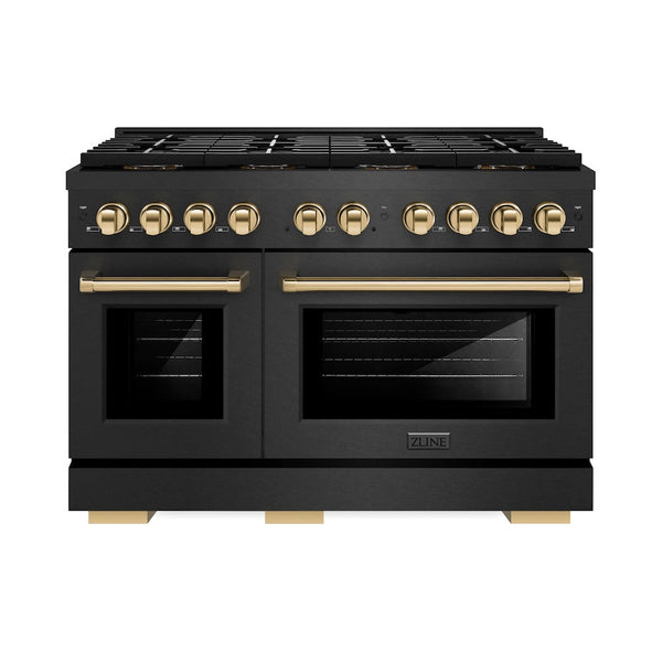 ZLINE Autograph Edition 48 in. 6.7 cu. ft. Paramount Dual Fuel Range with 8 Burner DuoPro™ Cooktop and Dual Ovens in Black Satin Stainless Steel and Polished Gold Accents, Open Box-Good Condition
