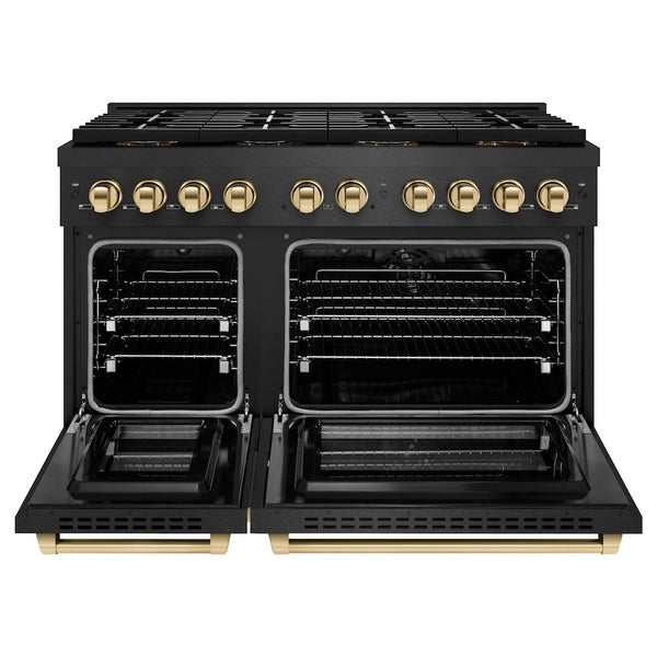 ZLINE Autograph Edition 48 in. 6.7 cu. ft. Paramount Dual Fuel Range with 8 Burner DuoPro™ Cooktop and Dual Ovens in Black Satin Stainless Steel and Polished Gold Accents, Open Box-Good Condition