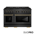 ZLINE Designer Collection 48 in. 6.7 cu. ft. Paramount Dual Fuel Range with 8 Burner DuoPro™ Cooktop and Dual Ovens in Black Satin Stainless Steel with Matte Black and Champagne Bronze Accents, Open Box-Good Condition