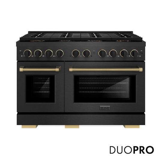 ZLINE Designer Collection 48 in. 6.7 cu. ft. Paramount Dual Fuel Range with 8 Burner DuoPro™ Cooktop and Dual Ovens in Black Satin Stainless Steel with Matte Black and Champagne Bronze Accents, Open Box-Good Condition