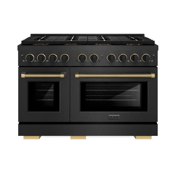 ZLINE Designer Collection 48 in. 6.7 cu. ft. Paramount Dual Fuel Range with 8 Burner DuoPro™ Cooktop and Dual Ovens in Black Satin Stainless Steel with Matte Black and Champagne Bronze Accents, Open Box-Good Condition