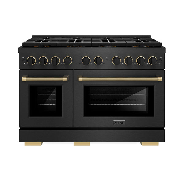 ZLINE Designer Collection 48 in. 6.7 cu. ft. Paramount Dual Fuel Range with 8 Burner DuoPro™ Cooktop and Dual Ovens in Black Satin Stainless Steel with Matte Black and Champagne Bronze Accents, Open Box-Great Condition