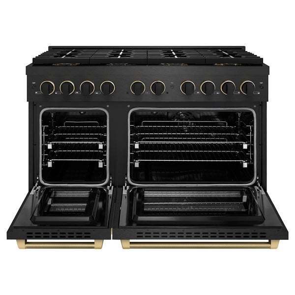 ZLINE Designer Collection 48 in. 6.7 cu. ft. Paramount Dual Fuel Range with 8 Burner DuoPro™ Cooktop and Dual Ovens in Black Satin Stainless Steel with Matte Black and Champagne Bronze Accents, Open Box-Great Condition