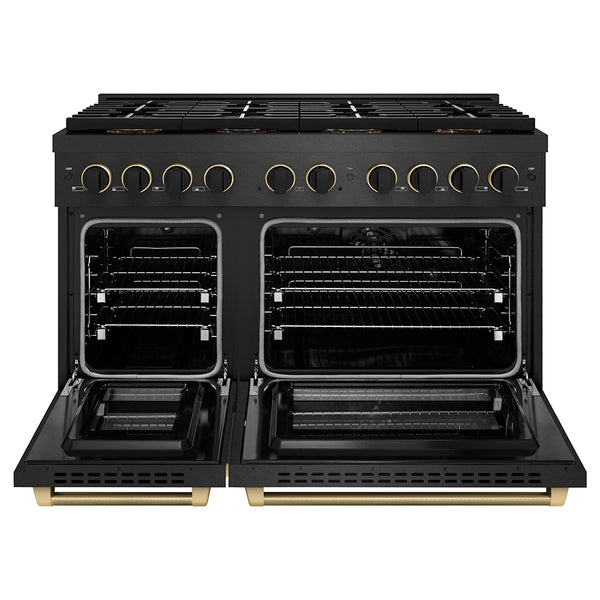 ZLINE Designer Collection 48 in. 6.7 cu. ft. Paramount Dual Fuel Range with 8 Burner DuoPro™ Cooktop and Dual Ovens in Black Satin Stainless Steel with Matte Black and Champagne Bronze Accents (PSDRBSZ-48-MBCB)