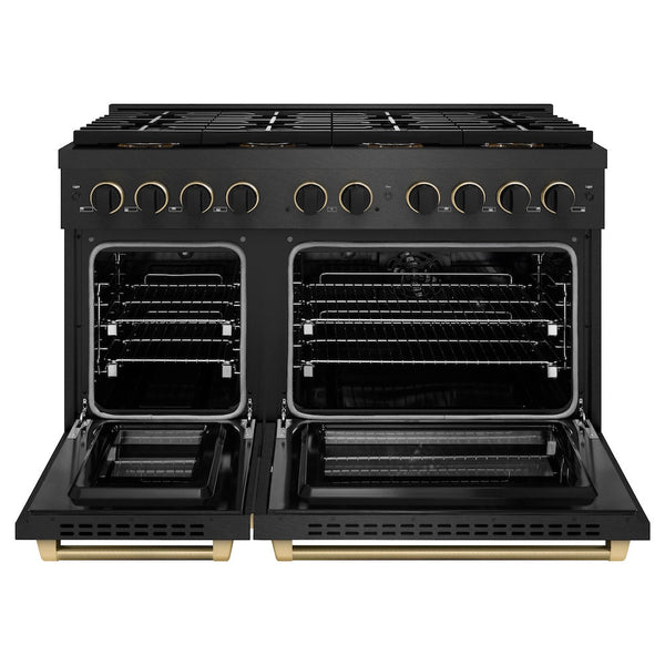 ZLINE Designer Collection 48 in. 6.7 cu. ft. Paramount Dual Fuel Range with 8 Burner DuoPro™ Cooktop and Dual Ovens in Black Satin Stainless Steel with Matte Black and Champagne Bronze Accents, Open Box-Good Condition