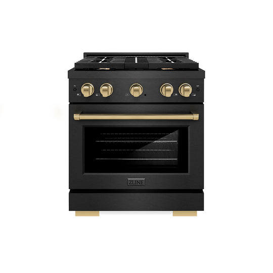 ZLINE Autograph Edition 30 in. 4.2 cu. ft. Paramount Gas Range with 4 Burner Cooktop and Convection Gas Oven in Black Satin Stainless Steel and Champagne Bronze Accents, Open Box-Great Condition