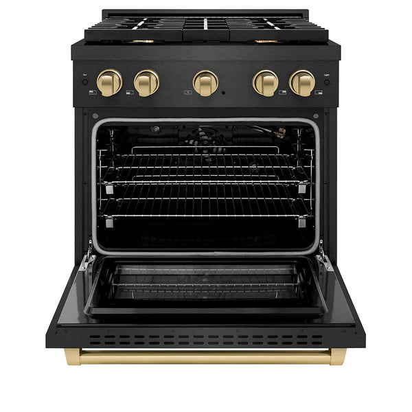 ZLINE Autograph Edition 30 in. 4.2 cu. ft. Paramount Gas Range with 4 Burner Cooktop and Convection Gas Oven in Black Satin Stainless Steel and Champagne Bronze Accents, Open Box-Good Condition