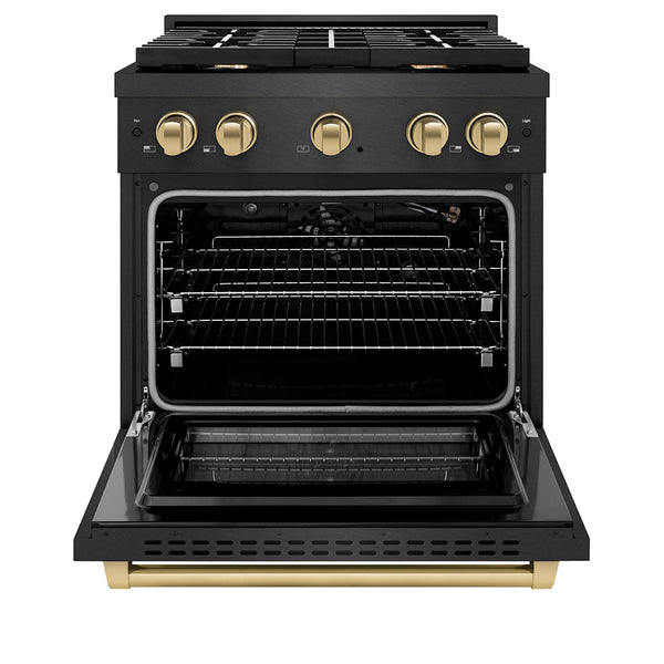 ZLINE Autograph Edition 30 in. 4.2 cu. ft. Paramount Gas Range with 4 Burner Cooktop and Convection Gas Oven in Black Satin Stainless Steel and Champagne Bronze Accents, Open Box-Great Condition