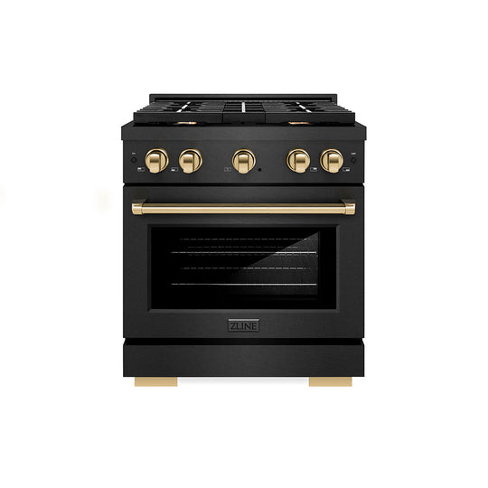 ZLINE Autograph Edition 30 in. 4.2 cu. ft. Paramount Gas Range with 4 Burner Cooktop and Convection Gas Oven in Black Satin Stainless Steel and Polished Gold Accents, Open Box-Good Condition