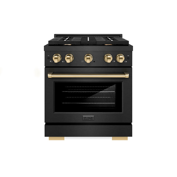 ZLINE Autograph Edition 30 in. 4.2 cu. ft. Paramount Gas Range with 4 Burner Cooktop and Convection Gas Oven in Black Satin Stainless Steel and Polished Gold Accents (SGRBSZ-30-G)