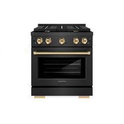 ZLINE Autograph Edition 30 in. 4.2 cu. ft. Paramount Gas Range with 4 Burner Cooktop and Convection Gas Oven in Black Satin Stainless Steel and Polished Gold Accents, Open Box-Great Condition