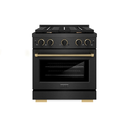 ZLINE Designer Collection 30 in. 4.2 cu. ft. Paramount Gas Range with 4 Burner Cooktop and Convection Gas Oven in Black Satin Stainless Steel with Matte Black and Champagne Bronze Accents (SGRBSZ-30-MBCB)