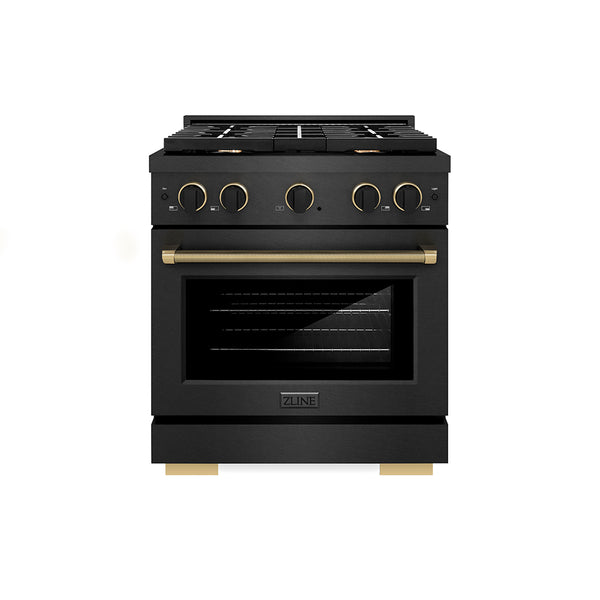 ZLINE Designer Collection 30 in. 4.2 cu. ft. Paramount Gas Range with 4 Burner Cooktop and Convection Gas Oven in Black Satin Stainless Steel with Matte Black and Champagne Bronze Accents (SGRBSZ-30-MBCB)
