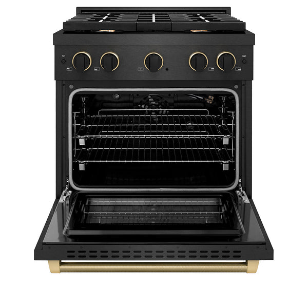 ZLINE Designer Collection 30 in. 4.2 cu. ft. Paramount Gas Range with 4 Burner Cooktop and Convection Gas Oven in Black Satin Stainless Steel with Matte Black and Champagne Bronze Accents, Open Box-Good Condition
