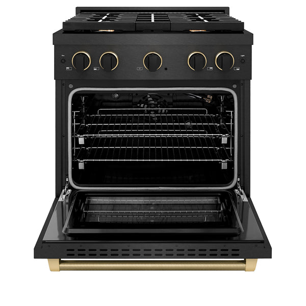 ZLINE Designer Collection 30 in. 4.2 cu. ft. Paramount Gas Range with 4 Burner Cooktop and Convection Gas Oven in Black Satin Stainless Steel with Matte Black and Champagne Bronze Accents (SGRBSZ-30-MBCB)