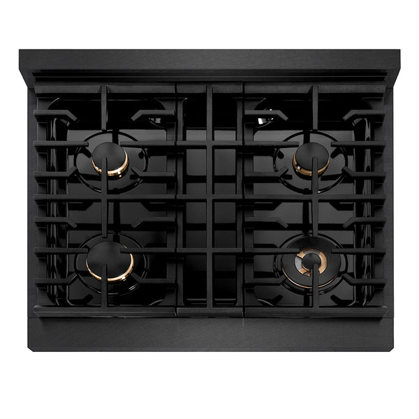ZLINE Designer Collection 30 in. 4.2 cu. ft. Paramount Gas Range with 4 Burner Cooktop and Convection Gas Oven in Black Satin Stainless Steel with Matte Black and Champagne Bronze Accents, Open Box-Great Condition