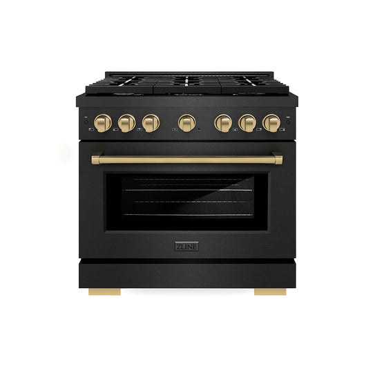 ZLINE Autograph Edition 36 in. 5.2 cu. ft. Paramount Gas Range with 6 Burner Cooktop and Convection Gas Oven in Black Satin Stainless Steel and Champagne Bronze Accents, Open Box-Great Condition