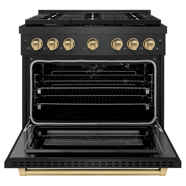 ZLINE Autograph Edition 36 in. 5.2 cu. ft. Paramount Gas Range with 6 Burner Cooktop and Convection Gas Oven in Black Satin Stainless Steel and Champagne Bronze Accents, Open Box-Good Condition