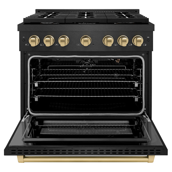 ZLINE Autograph Edition 36 in. 5.2 cu. ft. Paramount Gas Range with 6 Burner Cooktop and Convection Gas Oven in Black Satin Stainless Steel and Champagne Bronze Accents, Open Box-Great Condition
