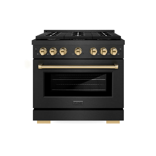 ZLINE Autograph Edition 36 in. 5.2 cu. ft. Paramount Gas Range with 6 Burner Cooktop and Convection Gas Oven in Black Satin Stainless Steel and Polished Gold Accents, Open Box-Great Condition