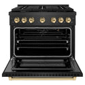 ZLINE Autograph Edition 36 in. 5.2 cu. ft. Paramount Gas Range with 6 Burner Cooktop and Convection Gas Oven in Black Satin Stainless Steel and Polished Gold Accents, Open Box-Great Condition