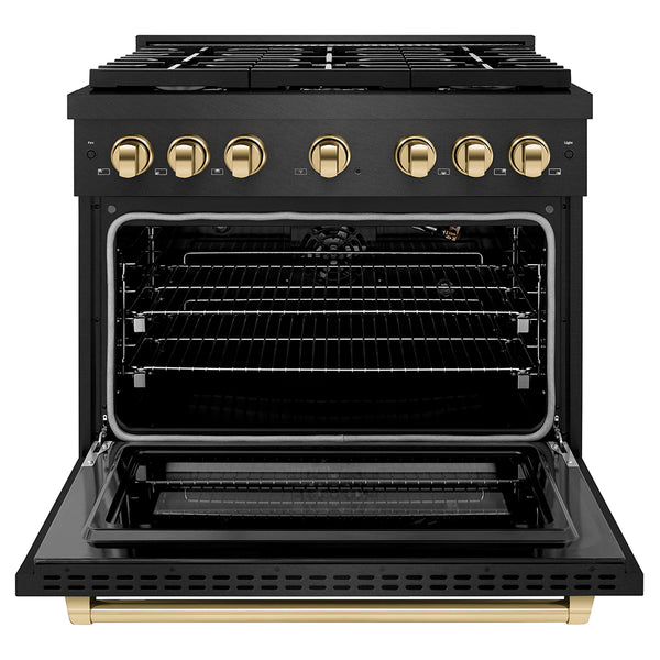ZLINE Autograph Edition 36 in. 5.2 cu. ft. Paramount Gas Range with 6 Burner Cooktop and Convection Gas Oven in Black Satin Stainless Steel and Polished Gold Accents, Open Box-Great Condition