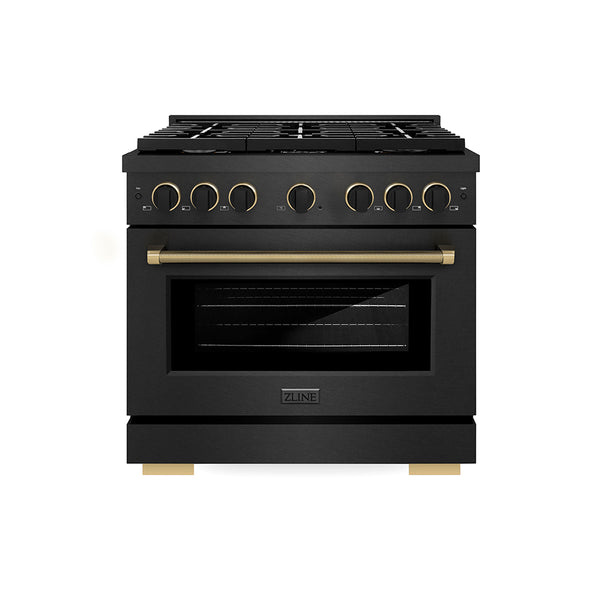 ZLINE Designer Collection 36 in. 5.2 cu. ft. Paramount Gas Range with 6 Burner Cooktop and Convection Gas Oven in Black Satin Stainless Steel with Matte Black and Champagne Bronze Accents (SGRBSZ-36-MBCB)