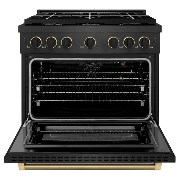 ZLINE Designer Collection 36 in. 5.2 cu. ft. Paramount Gas Range with 6 Burner Cooktop and Convection Gas Oven in Black Satin Stainless Steel with Matte Black and Champagne Bronze Accents, Open Box-Good Condition