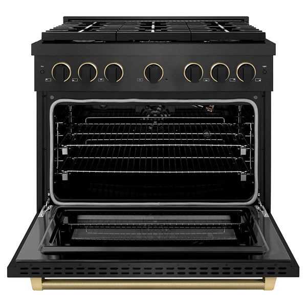 ZLINE Designer Collection 36 in. 5.2 cu. ft. Paramount Gas Range with 6 Burner Cooktop and Convection Gas Oven in Black Satin Stainless Steel with Matte Black and Champagne Bronze Accents, Open Box-Great Condition