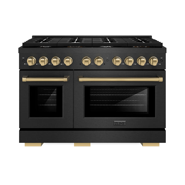 ZLINE Autograph Edition 48 in. 6.7 cu. ft. Paramount Double Oven Gas Range with 8 Burner Cooktop in Black Satin Stainless Steel and Champagne Bronze Accents (SGRBSZ-48-CB)